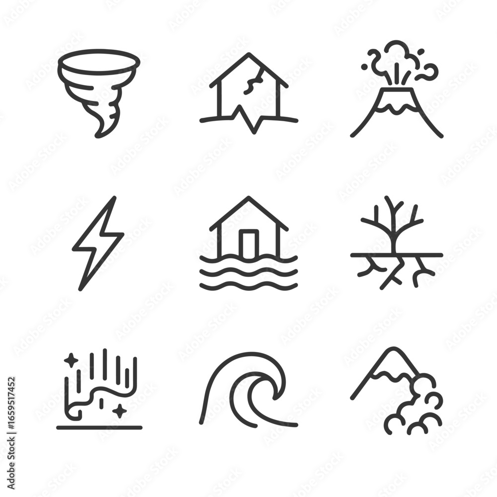 Fototapeta premium Natural Phenomena Icons. Outline icon set of natural phenomena: tornado, earthquake, volcano eruption, lightning, flood, drought,