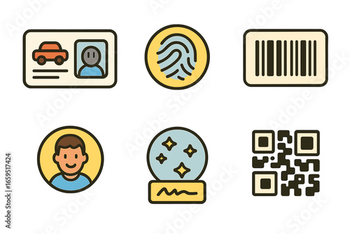 Driver ID Icons Grid. Flat vector mini-illustrations driver ID verification in colors children's illustrations