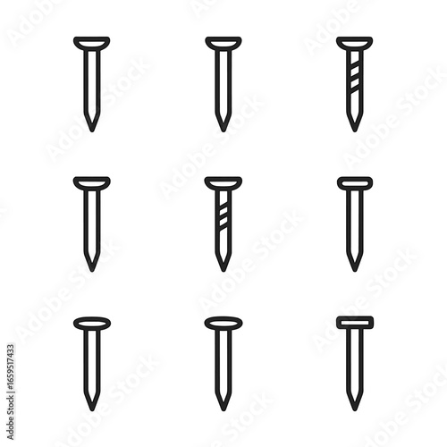 Nail Material Icons. Outline icon set of nail materials: steel nail, stainless steel nail, galvanized nail, brass nail, copper