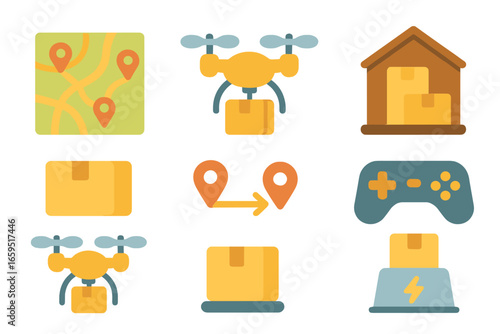 Drone Delivery Network. Flat vector mini-illustrations drone logistics network in colors children's