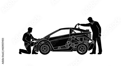 Two technicians examine and work on a detailed silhouette of a car, analyzing its mechanics.
