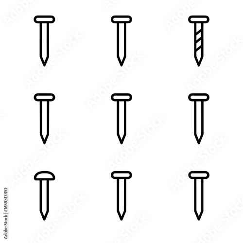 Nail Material Icons. Outline icon set of nail materials: steel nail, stainless steel nail, galvanized nail, brass nail, copper