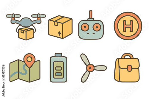 Drone Delivery Icons. Flat vector mini-illustrations drone-based deliveries in colors children's illustrations