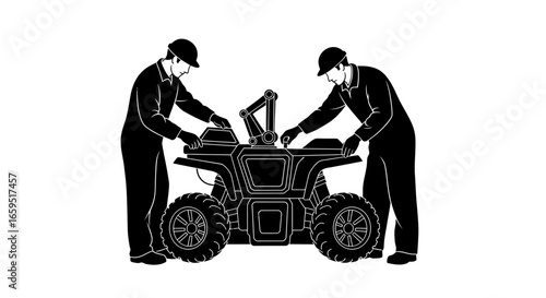 Two mechanics in overalls work on an ATV, repairing it.