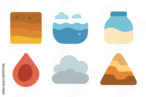 Nature's Elements Icons. Flat vector mini-illustrations natural mixtures in colors children's illustrations: soil layers, ocean