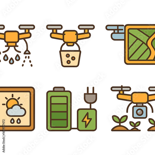 Drone Farming Icons. Flat vector mini-illustrations drone farming in colors children's illustrations: