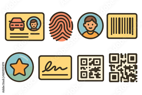 Driver ID Icons Grid. Flat vector mini-illustrations driver ID verification in colors children's illustrations