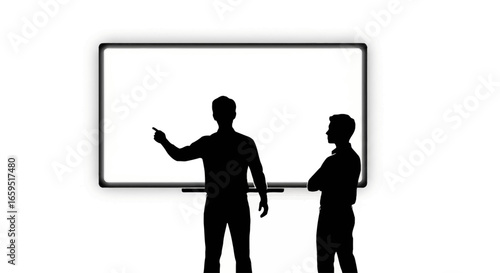 Two business people in silhouette, one presenting, the other listening, in front of a blank presentation screen.
