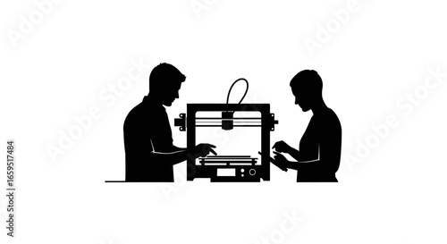 Two individuals collaboratively operate a 3D printer, meticulously monitoring the printing process.