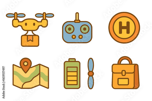 Drone Delivery Icons. Flat vector mini-illustrations drone-based deliveries in colors children's illustrations