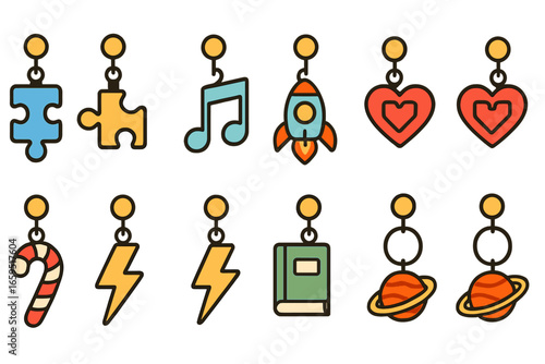 Novelty Earring Illustrations. Flat vector mini-illustrations novelty earrings in colors children's illustrations: puzzle pieces,