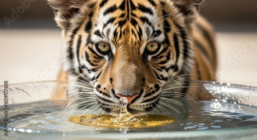Close up of a young tiger drinking water on a sunny day