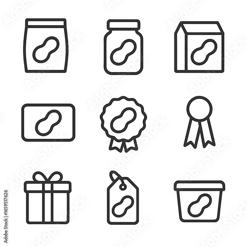 Nut Packaging Icons. Outline icon set of nutty packaging: nut bag, nut jar, nut box, label, seal, ribbon, gift box, price tag,