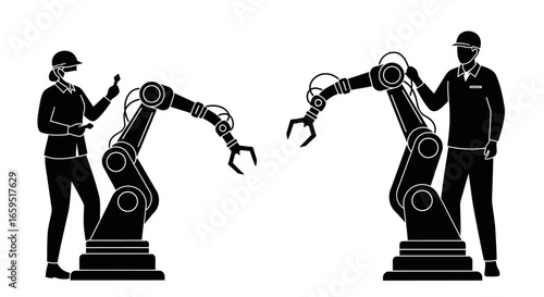 Two workers interacting with industrial robots in a factory setting.