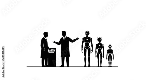 Scientists present a line of robots of varying sizes, showcasing technological advancements.
