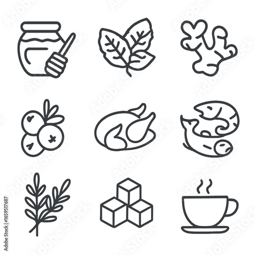 Orange Food Icons. Outline icon set of orange food pairings: honey jar, mint leaves, ginger root, berries, chicken, seafood, herbs