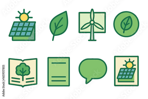 Eco Energy Icons. Flat vector mini-illustrations Print advertising for green energy in colors children's