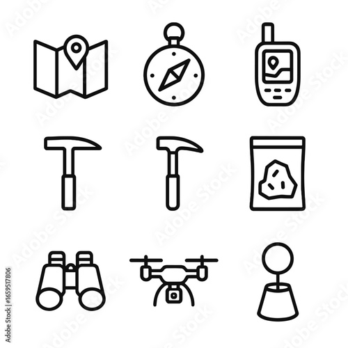 Ore Exploration Tools Icons. Outline icon set of ore exploration tools: map, compass, GPS, rock hammer, geologist hammer, sample