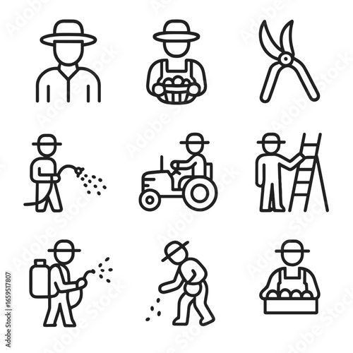 Orchard Worker Icons. Outline icon set of orchard workers: farmer with hat, harvesting basket, pruning shears, watering hose,