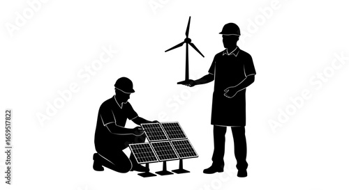 Two engineers collaborate on renewable energy, inspecting solar panels and a wind turbine model.