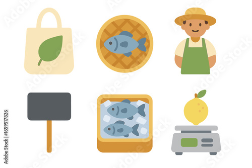 Eco Fish Market. Flat vector mini-illustrations eco-friendly fish markets in colors children's illustrations: