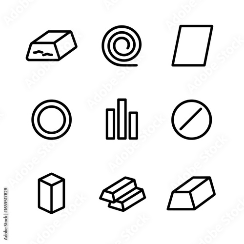 Oxidation-Prone Metals Icons. Outline icon set of metals prone to oxidation: iron, copper, aluminum, silver, zinc, nickel,