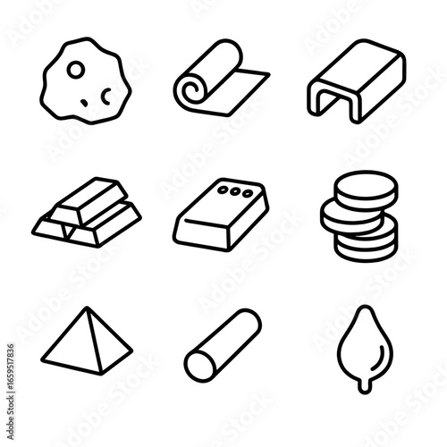 Oxidation-Prone Metals Icons. Outline icon set of metals prone to oxidation: iron, copper, aluminum, silver, zinc, nickel,