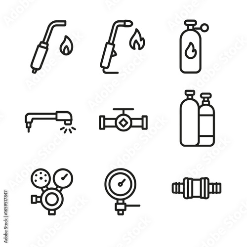Oxygen Tools Icon Set. Outline icon set of oxygen usage in industry: oxygen torch, oxygen welding, oxygen cylinder with flame,
