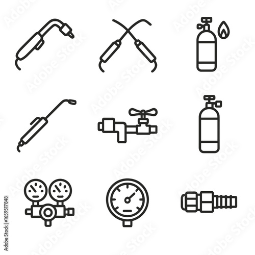 Oxygen Tools Icon Set. Outline icon set of oxygen usage in industry: oxygen torch, oxygen welding, oxygen cylinder with flame,