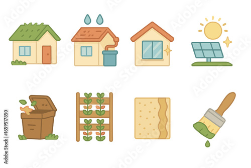 Eco Home Icons. Flat vector mini-illustrations Eco-friendly home design in colors children's illustrations: