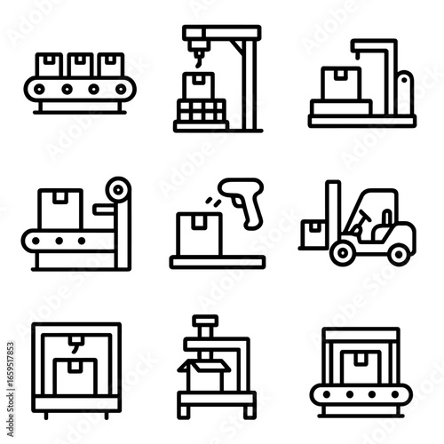 Packaging Equipment Icons. Outline icon set of packaging equipment: conveyor belt, palletizer, wrapping machine, label applicator,