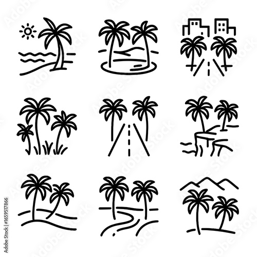 Palm Tree Icon Grid. Outline icon set of palm habitats: tropical beach, desert oasis, urban palm alley, garden palm cluster,