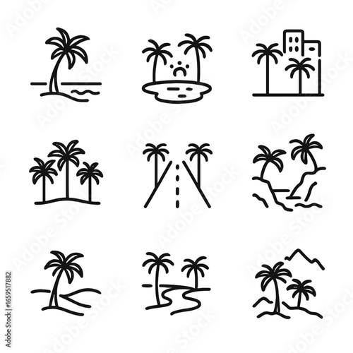 Palm Tree Icon Grid. Outline icon set of palm habitats: tropical beach, desert oasis, urban palm alley, garden palm cluster,