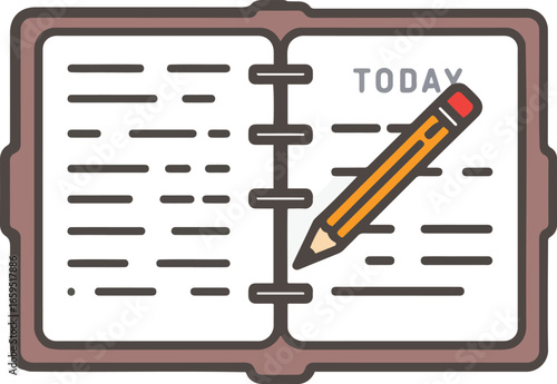 Open diary with lined pages and a pencil poised to write the word "TODAY" on the right page.