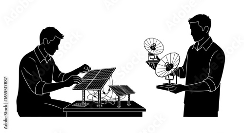 Silhouetted figures work with miniature solar panels and satellite dishes, showcasing renewable energy and communication technology.