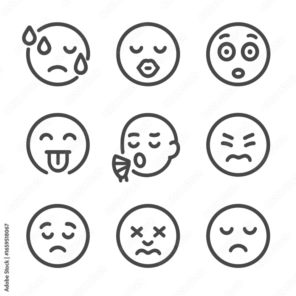 Fototapeta premium Peppery Taste Icons. Outline icon set of peppery taste reactions: sweating face, puckered lips, wide eyes, tongue out, fanning