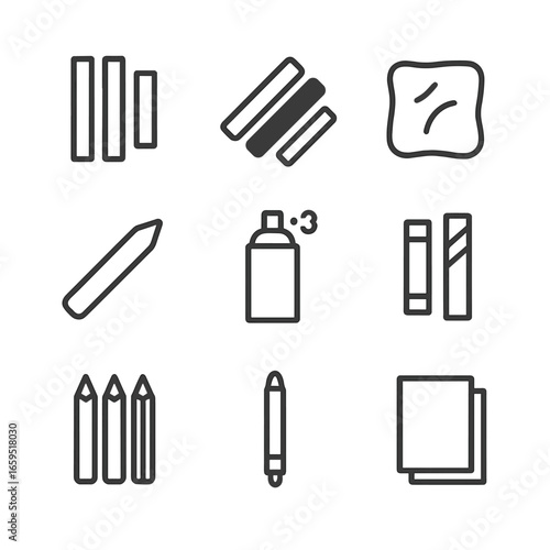 Pencil Art Supplies. Outline icon set of pencil art supplies: graphite sticks, charcoal sticks, kneaded eraser, blending stump,