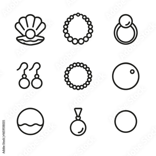 Pearl Jewelry Icons. Outline icon set of pearl: oyster shell, pearl necklace, pearl ring, pearl earrings, pearl bracelet, cultured