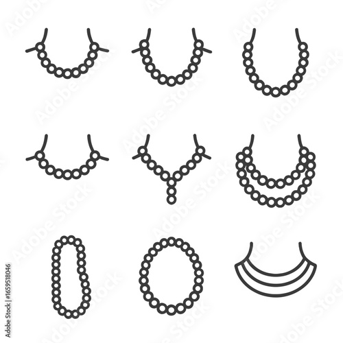 Pearl Necklace Icons. Outline icon set of pearl necklace types: princess necklace, matinee necklace, opera necklace, choker
