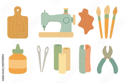 Eco-Crafting Tools Grid. Flat vector mini-illustrations eco-crafting scenes in colors children's illustrations