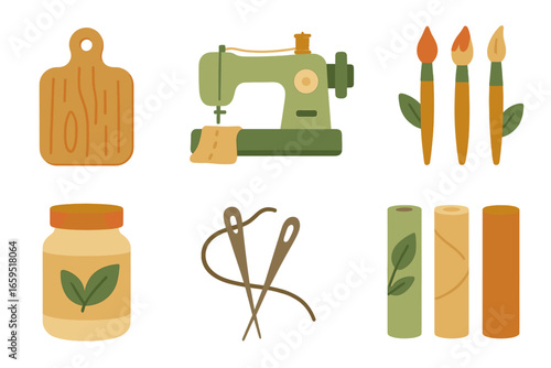Eco-Crafting Essentials. Flat vector mini-illustrations eco-crafting scenes in colors children's illustrations