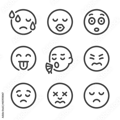 Peppery Taste Icons. Outline icon set of peppery taste reactions: sweating face, puckered lips, wide eyes, tongue out, fanning