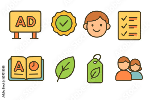Eco-Friendly Ad Icons. Flat vector mini-illustrations Responsible advertising in colors children's