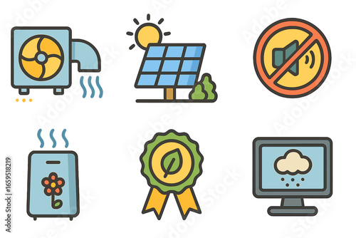 Eco-Friendly Factory Icons. Flat vector mini-illustrations Factory environmental zones in colors children's