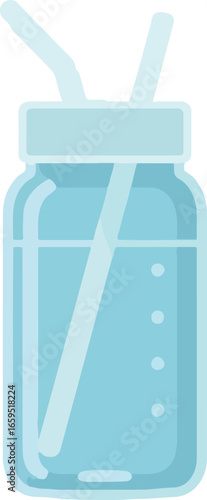 A clear blue glass bottle filled with water and two straws, suggesting refreshment and hydration.