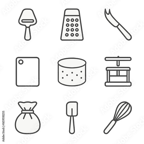 Cheese Tool Icons. Outline icon set of cheesy kitchen tools: cheese slicer, cheese grater, cheese knife, cheese board, cheese mold