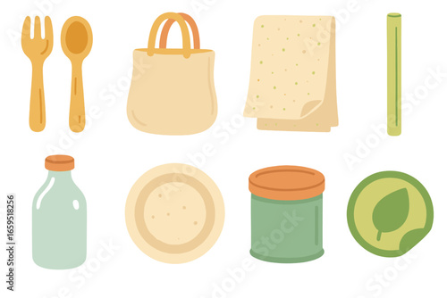Eco-Friendly Icons Grid. Flat vector mini-illustrations Eco-conscious product design in colors children's