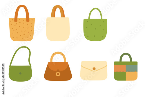 Eco-Friendly Handbag Icons. Flat vector mini-illustrations Eco-friendly handbags in colors children's