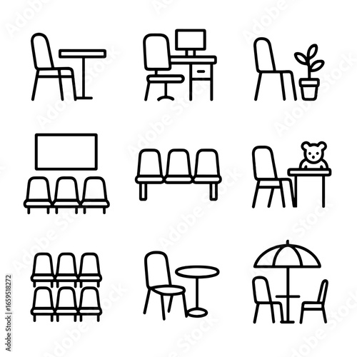 Plastic Chair Icons. Outline icon set of plastic chair uses: dining, office, garden, conference, waiting room, kids room, event
