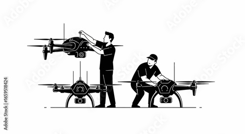 Two technicians meticulously maintain and inspect drones, showcasing repair and pre-flight checks.